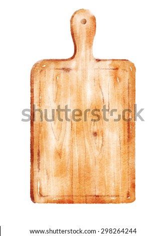 Watercolor hand drawn illustration of kitchen cutting board.
