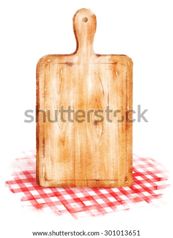 Watercolor hand drawn illustration of kitchen cutting board on red checkered tablecloth.