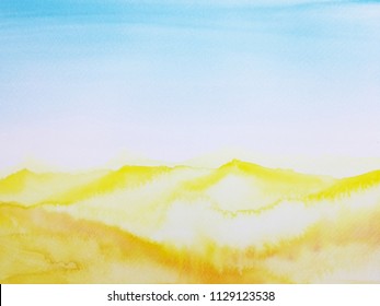 Watercolor Hand Drawn Illustration Landscape Desert With Blue Sky.