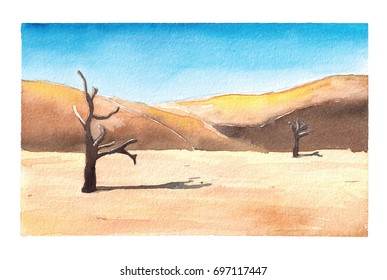 Watercolor Hand Drawn Illustration Of Landscape Desert With Dune And Dead Trees Art