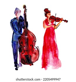 Watercolor Hand Drawn Illustration: Musical Band, Man With Double Bass And Woman With Violin