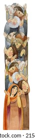Watercolor hand drawn illustration of people praying, apostles in prayer, thanksgiving to the Lord. Vertical decorative border for the background of Christian publications, design of banners, websites