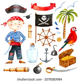 Watercolor hand drawn illustration Pirate set with boy, anchor, flag, helm, chest, telescope, parrot, palm tree isolated on white.