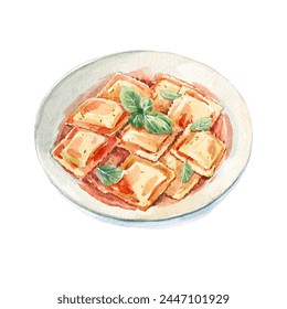 Watercolor hand drawn illustration of a plate of ravioli. Italian Cuisine. Tasty food. - Powered by Shutterstock