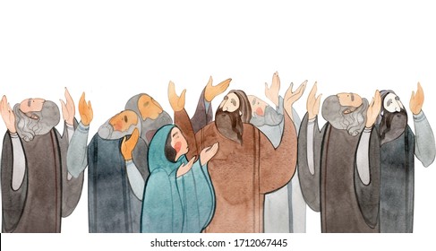 
Watercolor Hand Drawn Illustration Of Praying People, Apostles In Prayer, Thanksgiving To The Lord. Decorative Border For The Background Of Christian Publications, The Design Of Banners, Cards, Sites