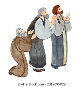 Watercolor hand drawn illustration of praying people, apostles in prayer, thanksgiving to the Lord. For the Christian publications, the design of banners, cards, sites