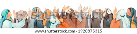 Watercolor hand drawn illustration of praying people, apostles in prayer, thanksgiving to the Lord. Decorative border for the background of Christian publications, the design of banners, cards, sites