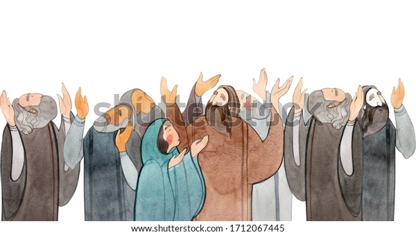 \
Watercolor hand drawn illustration of praying\
people, apostles in prayer, thanksgiving to the Lord. Decorative\
border for the background of Christian publications, the design of\
banners, cards,\
sites