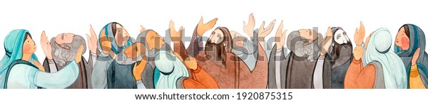 Watercolor hand drawn illustration of praying\
people, apostles in prayer, thanksgiving to the Lord. Decorative\
border for the background of Christian publications, the design of\
banners, cards,\
sites