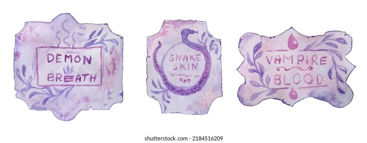 Watercolor Hand Drawn Illustration Of Purple Witch Apothecary Labels For Demon Snake Potions Occult Brew, Esoteric Spell Bottle. Spooky Horror Halloween Clipart, Magic Herbs Art