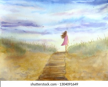 Watercolor hand drawn illustration, seascape with girl walking along the beach in the evening. Good for card, poster, wall art. - Powered by Shutterstock