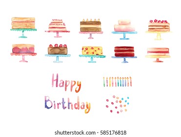 Watercolor Hand Drawn Illustration With Set Of Cute Colorful Cakes On Stands, Lettering Happy Birthday, Candles And Dots Isolated On White