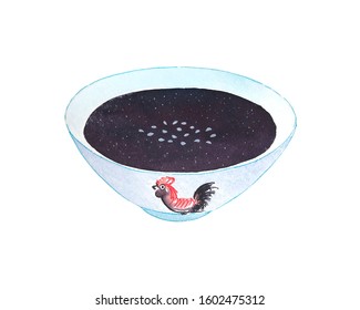 Watercolor Hand Drawn Illustration Of Sweet Delicious Creamy Black Sesame Soup With Tahini