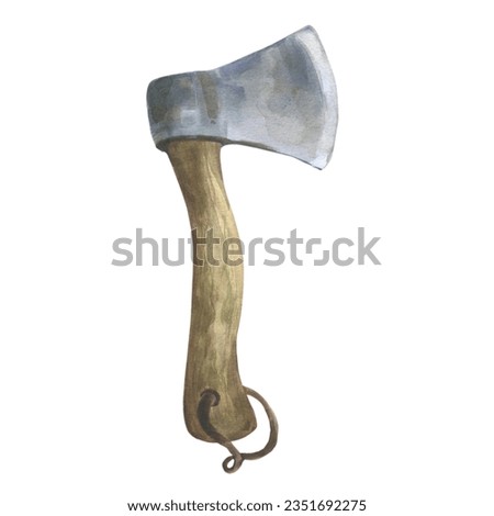 Watercolor hand drawn illustration of a tourist ax with a wooden handle. Clipart for postcards, stickers. Forest camping. Hiking ax