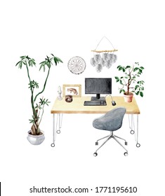 Watercolor Hand Drawn Interior Illustration Of Cozy Home Office With Wooden Desk, Office Chair On Wheels And Boho Interior Elements. Isolated Objects On White Background. 