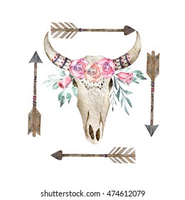 Watercolor hand drawn isolated deer skull white background   Boho decor print antlers and flowers   arrows  Watercolour ethnic elements for t  shirts  fabric  cards  tattoo