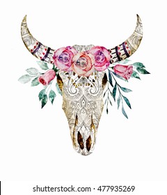 Watercolor hand drawn isolated deer skull white background  Boho decor print antlers and flowers  Watercolour ethnic elements for t  shirts  fabric  cards  tattoo