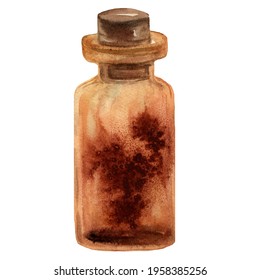 Watercolor hand drawn little brown bottle of glass with stopper. Template of antique bottle with salt. Design of witchcraft, magic stuff in cartoon style. Brown aroma oil.