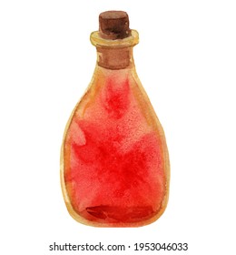 Watercolor hand drawn little red bottle of glass with stopper. Template of antique bottle with magical element of fire. Design of witchcraft, magic stuff in cartoon style. Red aroma oil.