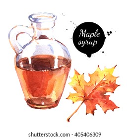 Watercolor hand drawn maple syrup in glass bottle and autumn leaf. Isolated eco natural food illustration on white background
