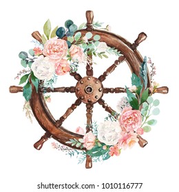 Watercolor hand drawn nautical / marine / floral illustration with steering wheel & flower bouquet with green leaves arrangement. Icon, object, corner, frame clipart for invitations, decoration, DIY.