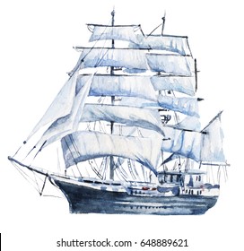 Watercolor Hand Drawn Nautical / Marine Illustration With Sailing Ship