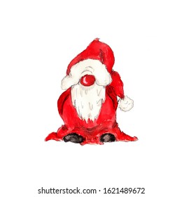 Watercolor Hand Drawn Norwegian Cute Santa Gnome Isolated On White 