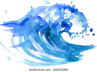 Watercolor Hand Drawn Ocean Wave. Watercolor Illustration. Water Splash Isolated On White.