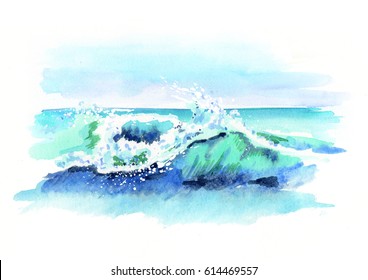 Watercolor Hand Drawn Ocean Wave. Sketch