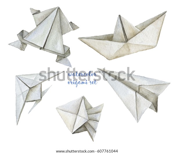 水彩手描きの折り紙イラスト 紙飛行機 カエル ボート クラゲ のイラスト素材