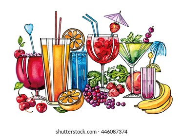 Watercolor hand drawn painted a few wineglasses, goblets, glasses of different shapes with cocktails, vitamins fresh juices and drinks flavors of berry, fruits, bright colored on a white background  - Powered by Shutterstock