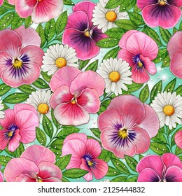 Watercolor Hand Drawn Pansy And Daisy Floral Pattern