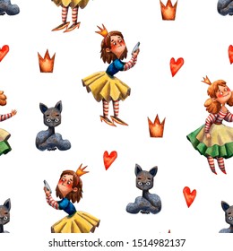 Watercolor hand drawn pattern. Cute little princess and kittens. Crown and cats. Fairy tale princess seamless texture. Magic funny background. Cute cartoon style of illustration. Colorful texture. - Powered by Shutterstock