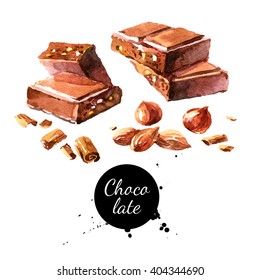 Watercolor hand drawn pieces of chocolate and nuts. Isolated sweet food vector illustration on white background