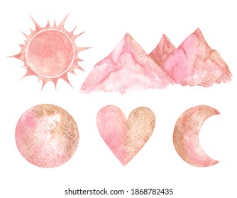 Watercolor Hand Drawn Pink Gold Set Of Five Elements Isolated On White Background. Sun, Mountains, Moon, Crescent And Heart Clip Arts. Pink And Gold Nature Design Elements Illustration.