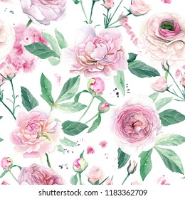 Watercolor Hand Drawn Pink Peony Seamless Stock Illustration 1183362709 ...