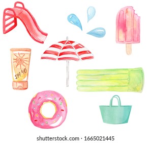 Watercolor Hand Drawn Pool Supplies And Accessories Set Isolated On White Background For Summer Party