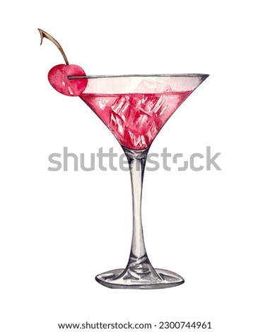 Watercolor hand drawn red cocktails isolated on white background. summer alcoholic drink of Cherry daiquiri