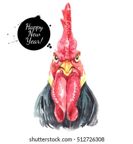 Watercolor hand drawn rooster head illustration. Painted sketch chicken portrait isolated on white background. Symbol of new year 2017