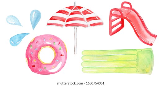 Watercolor Hand Drawn Rubber Floats For Swimming Pool And Vacation Set Isolated On White Background