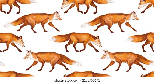 Watercolor Hand Drawn Rural Seamless Pattern With Illustration Of Forest Animals Autumn Fox. Hand Painted Elements Isolated On White Background. Woodland Vintage Style Design