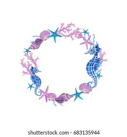 水彩手描きの紫花 海馬 ヒトデ 貝 サンゴ 水中イラスト のイラスト素材 Shutterstock