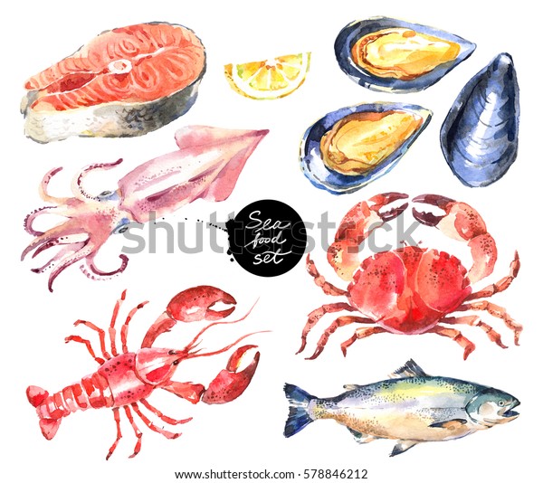 水彩手描きの魚介類セット 白い背景にペイントされたイラスト の