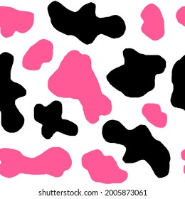 Watercolor hand drawn seamless cow print fabric pattern, black white pastel strawberry pink colors. Cowboy cow girl western background illustration design, milk farm wallpaper.