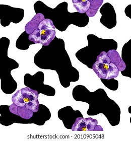 Watercolor hand drawn seamless cow print fabric pattern, black white pastel purple violet colors. Pansy flower. Cowboy cow girl western background illustration design, milk farm wallpaper.