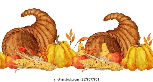 Watercolor Hand Drawn Seamless Horizontal Border With Cornucopia Yellow Pumpkings Corn Apple Basket, Fall Autumn Leaves. Thanksgiving Frame Background Banner, October November Harvest Farm Cottage Art