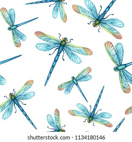 Watercolor hand drawn seamless pattern with beautiful blue dragonflies on a white background