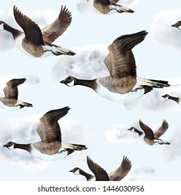 Watercolor Hand Drawn Seamless Pattern With Canada Goose Geese Flying Sky Neutral Calm Soft Natural Colors Grey Brown Ochre White Endangered Species For Nature Lovers Birds Animals Wood Forest Cloud