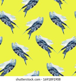 Watercolor hand drawn seamless pattern with parrot couple on yellow background. Touching and delicate pattern.