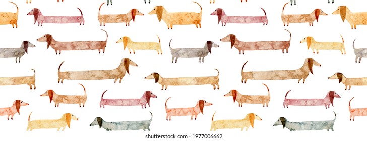 Watercolor hand drawn seamless pattern with dogs isolated on white background. Long stylized creative cute dachshunds. Artistic creative background.